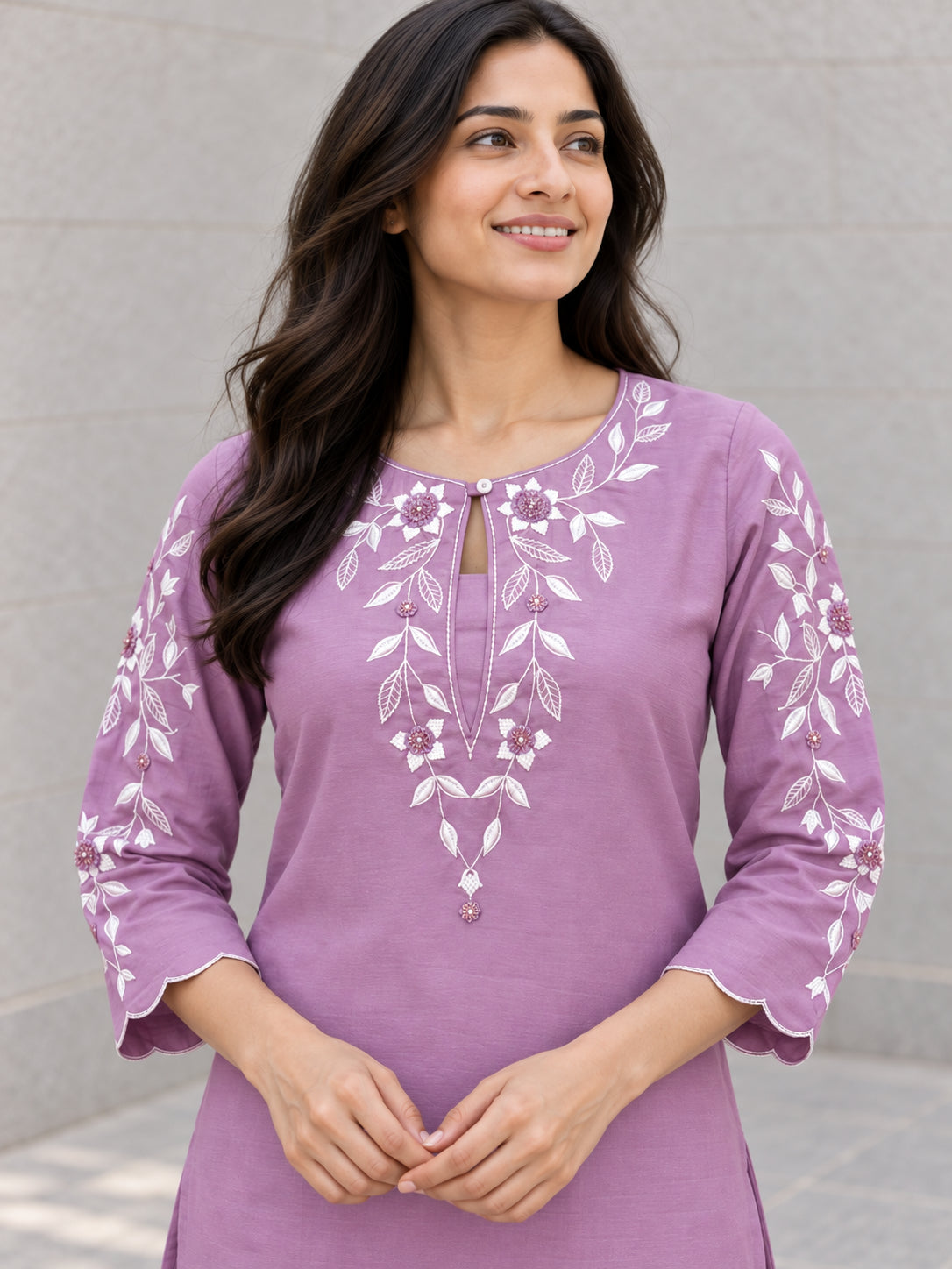 Peachmode Lavender Viscose Blend Embroidered Co-ord Set - Image 5
