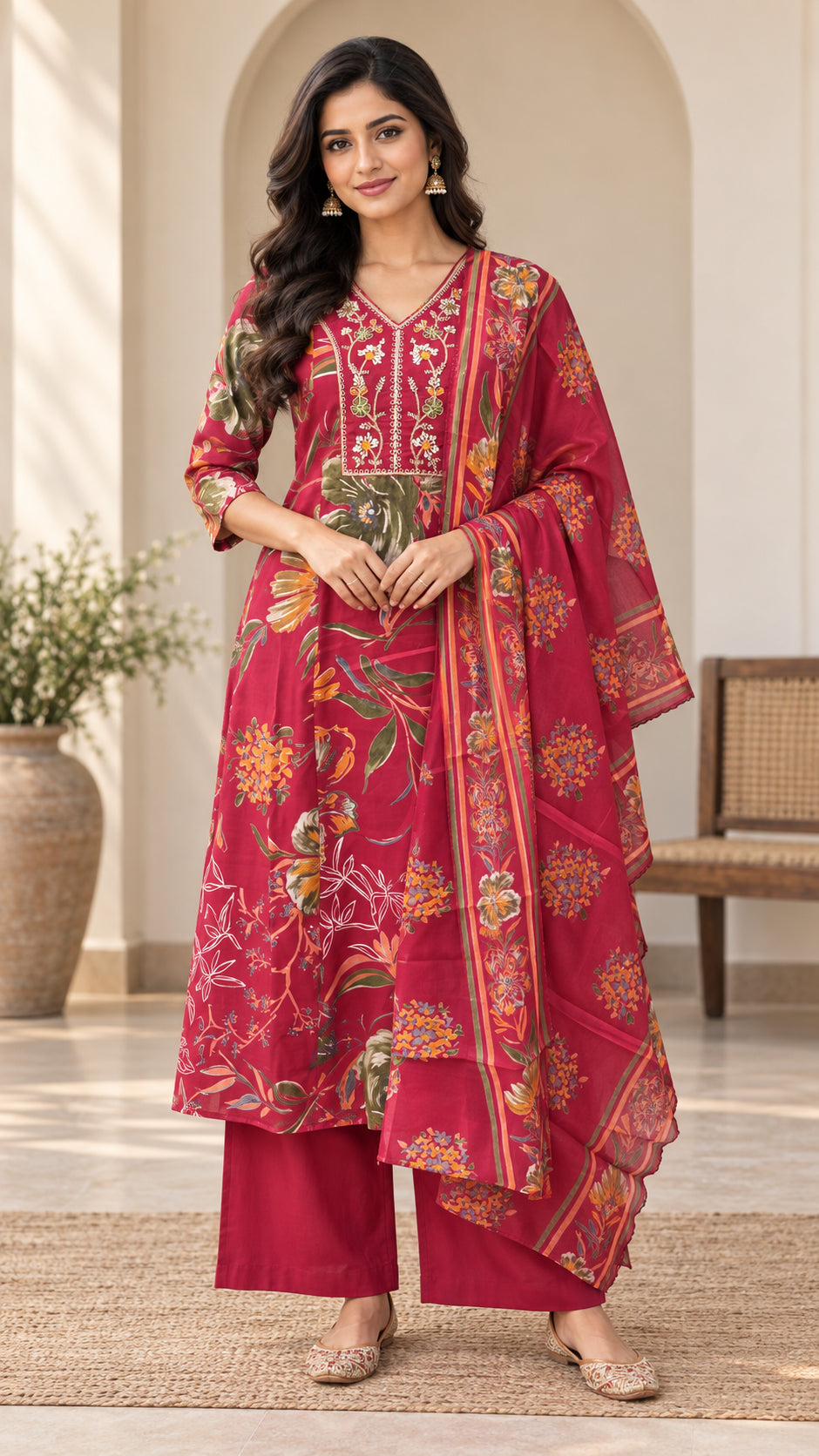 Peachmode Red Chanderi Silk Floral Embroidered Salwar Suit - Image 1