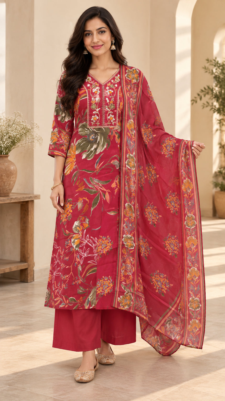 Peachmode Red Chanderi Silk Floral Embroidered Salwar Suit - Image 2