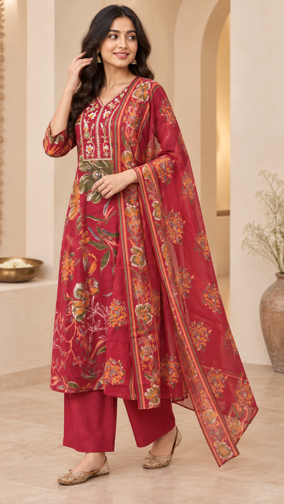Peachmode Red Chanderi Silk Floral Embroidered Salwar Suit - Image 3