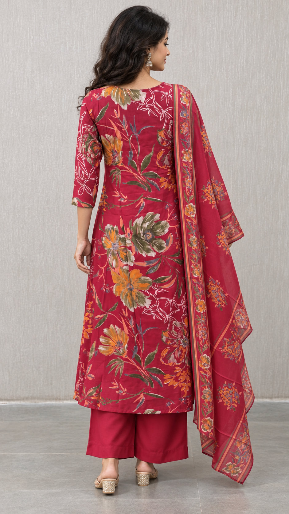 Peachmode Red Chanderi Silk Floral Embroidered Salwar Suit - Image 4