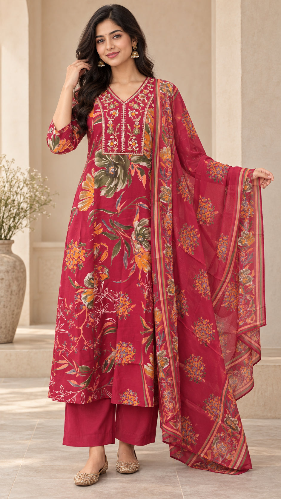 Peachmode Red Chanderi Silk Floral Embroidered Salwar Suit - Image 5