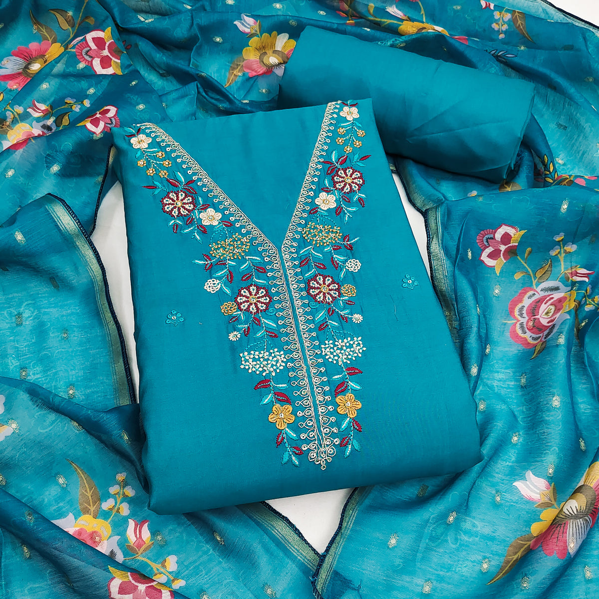 Peachmode Turquoise Floral Embroidered Chanderi Silk Dress Material - Image 1