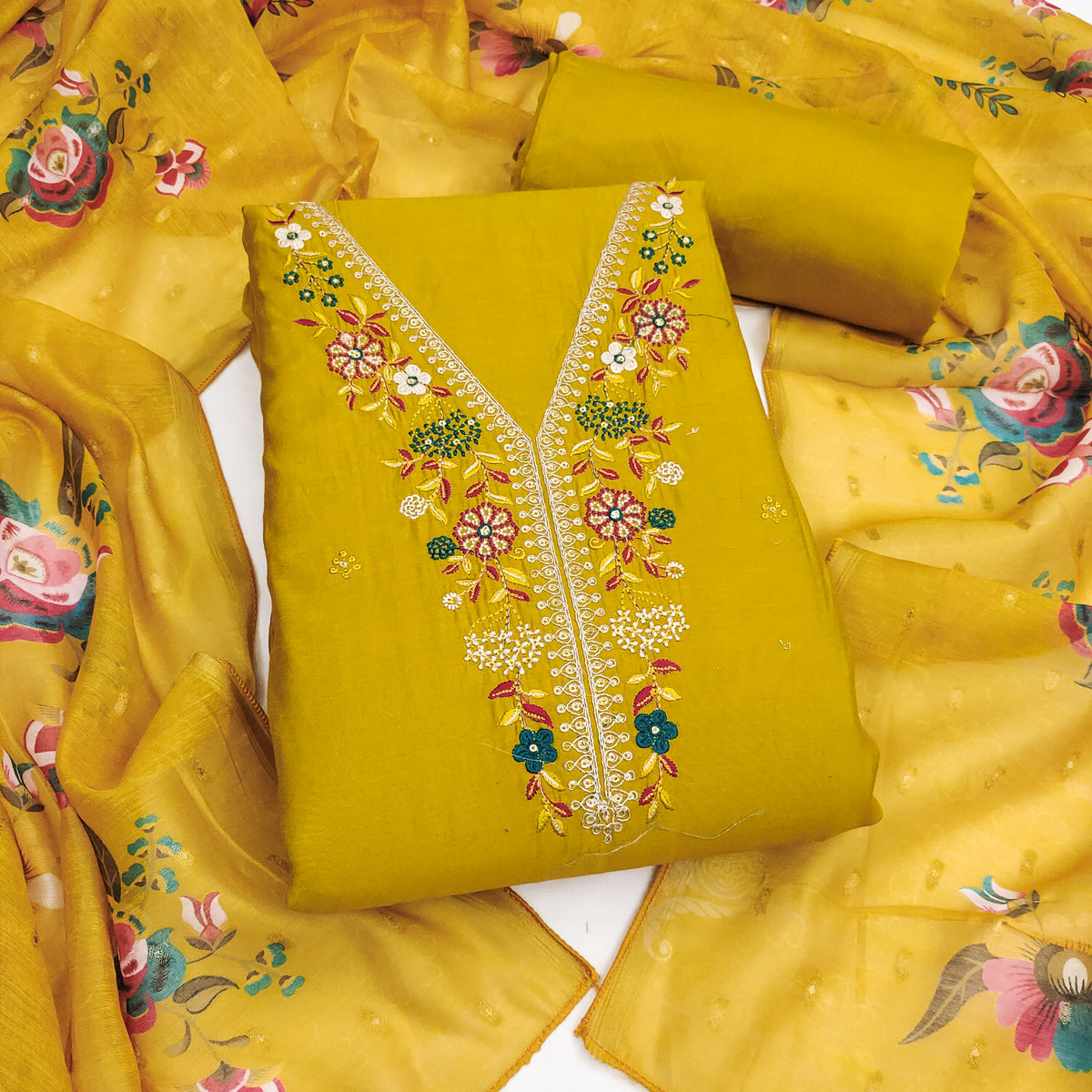 Peachmode Yellow Floral Embroidered Chanderi Silk Dress Material - Image 1