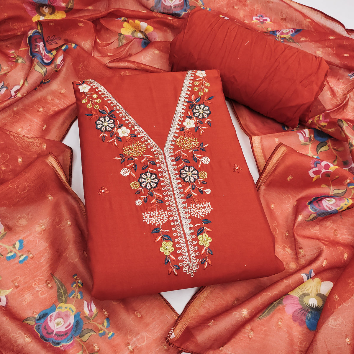 Peachmode Rust Floral Embroidered Chanderi Silk Dress Material - Image 1