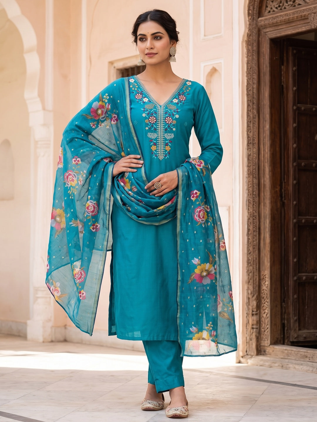Peachmode Turquoise Floral Embroidered Chanderi Silk Dress Material - Image 2