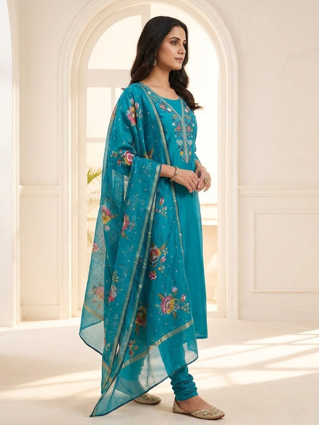 Peachmode Turquoise Floral Embroidered Chanderi Silk Dress Material - Image 3