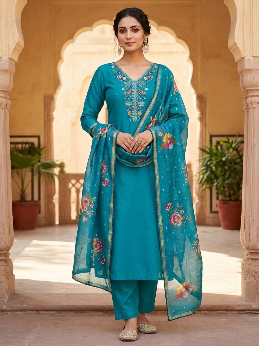 Peachmode Turquoise Floral Embroidered Chanderi Silk Dress Material - Image 5