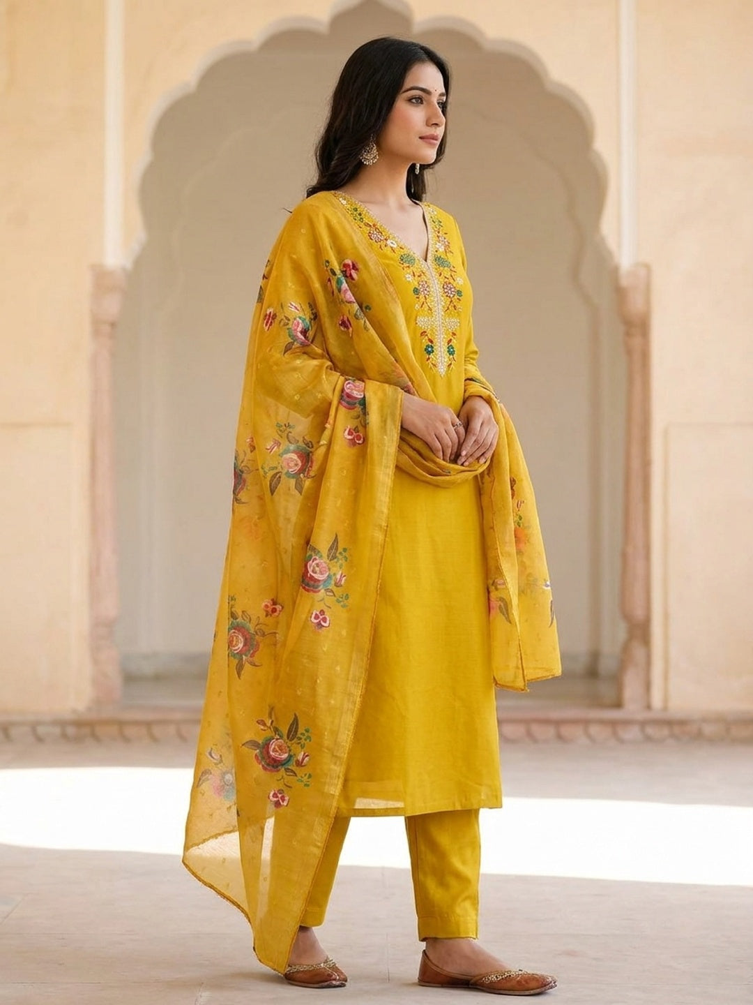 Peachmode Yellow Floral Embroidered Chanderi Silk Dress Material - Image 3
