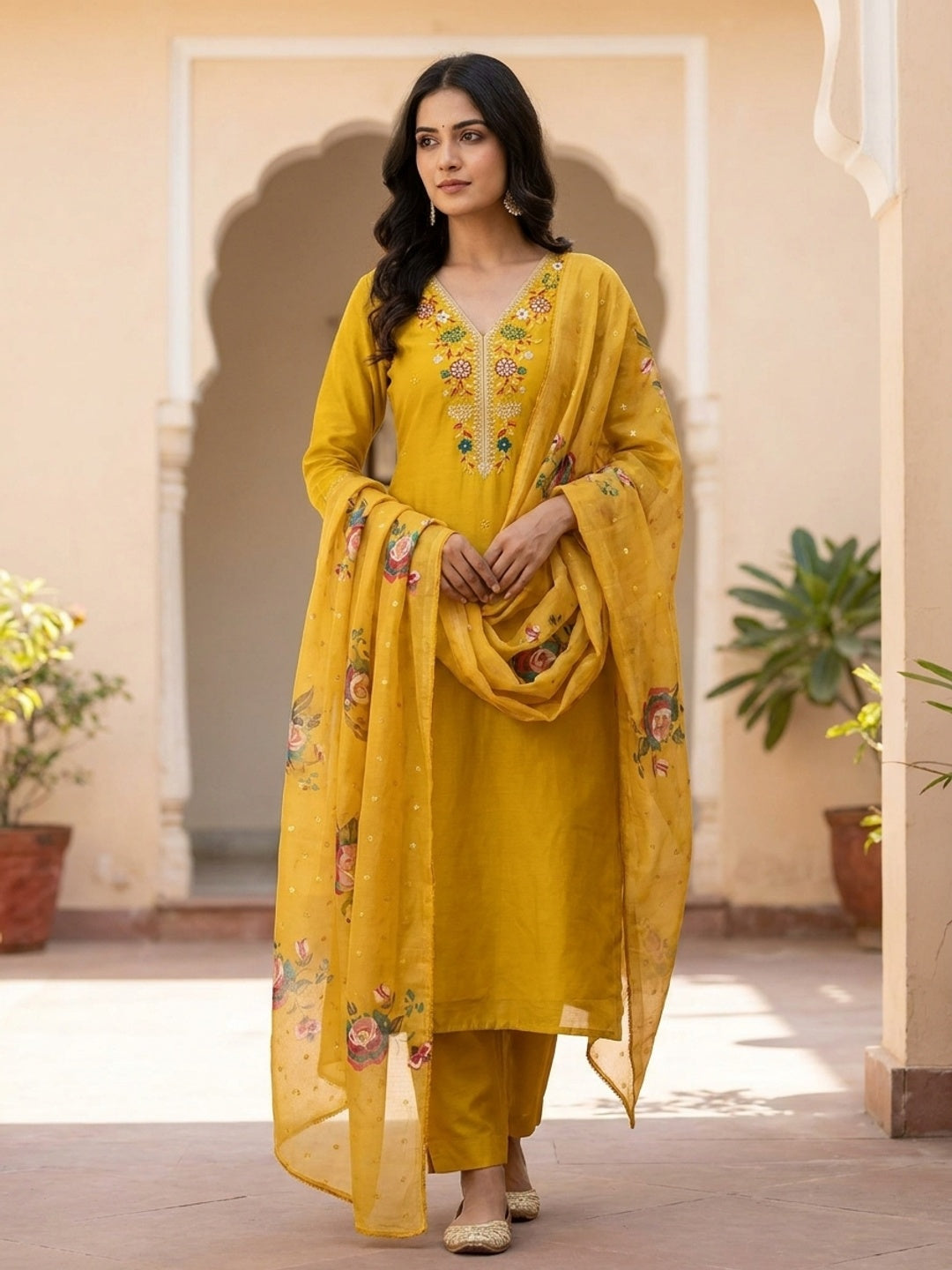 Peachmode Yellow Floral Embroidered Chanderi Silk Dress Material - Image 5