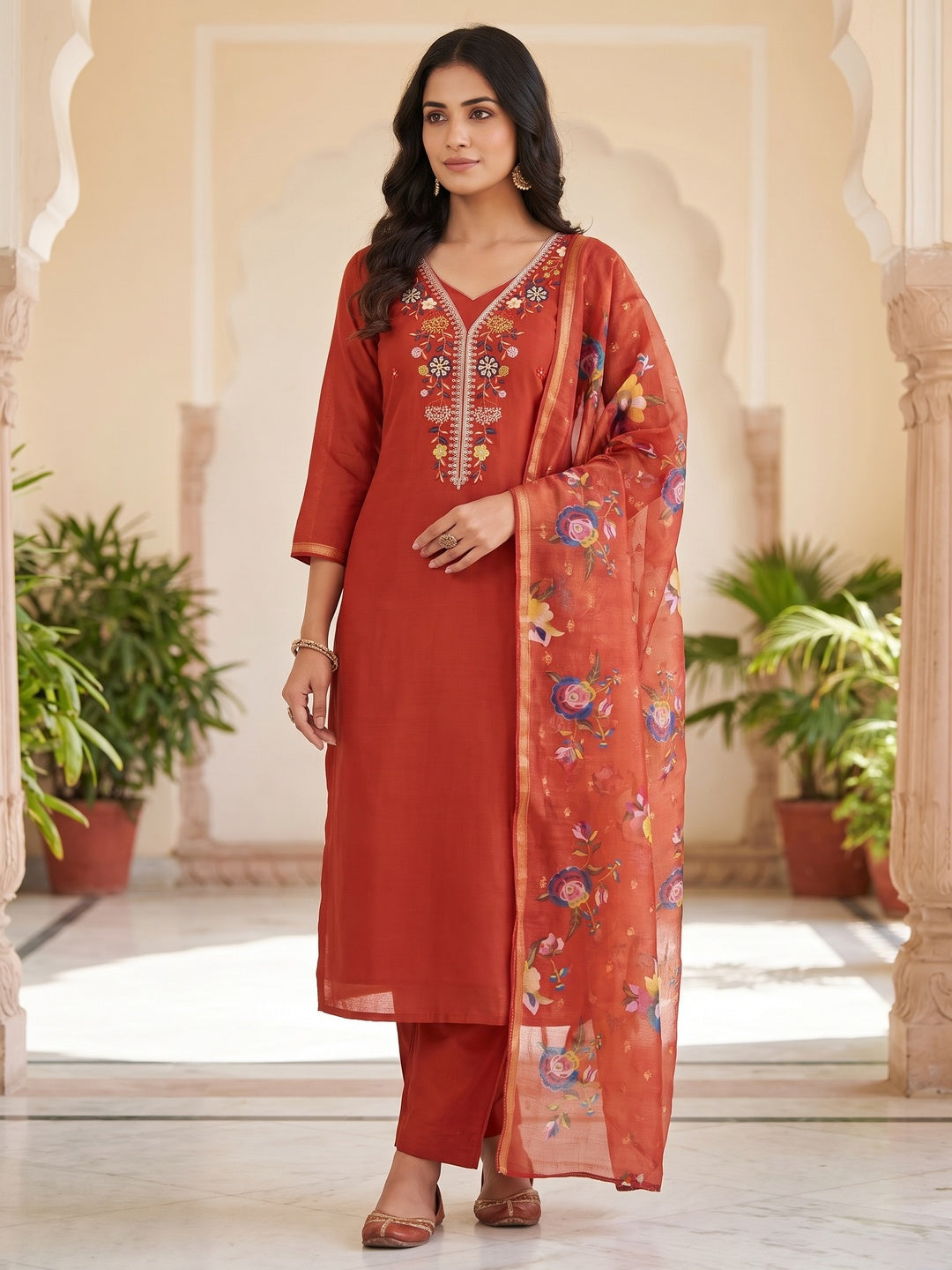 Peachmode Rust Floral Embroidered Chanderi Silk Dress Material - Image 2