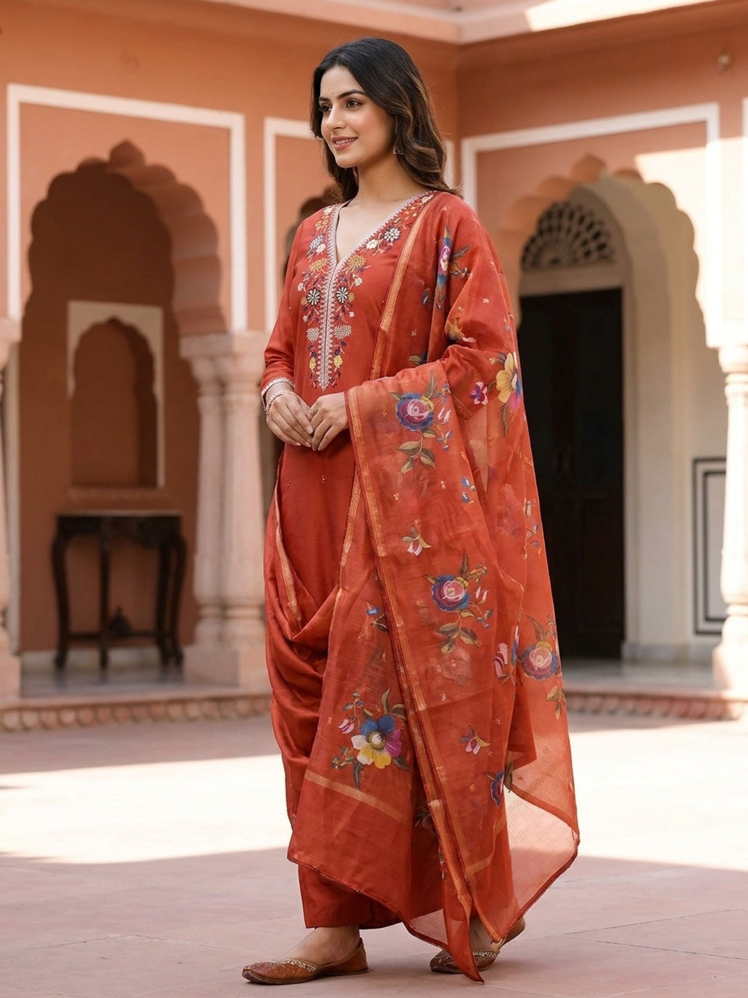 Peachmode Rust Floral Embroidered Chanderi Silk Dress Material - Image 3