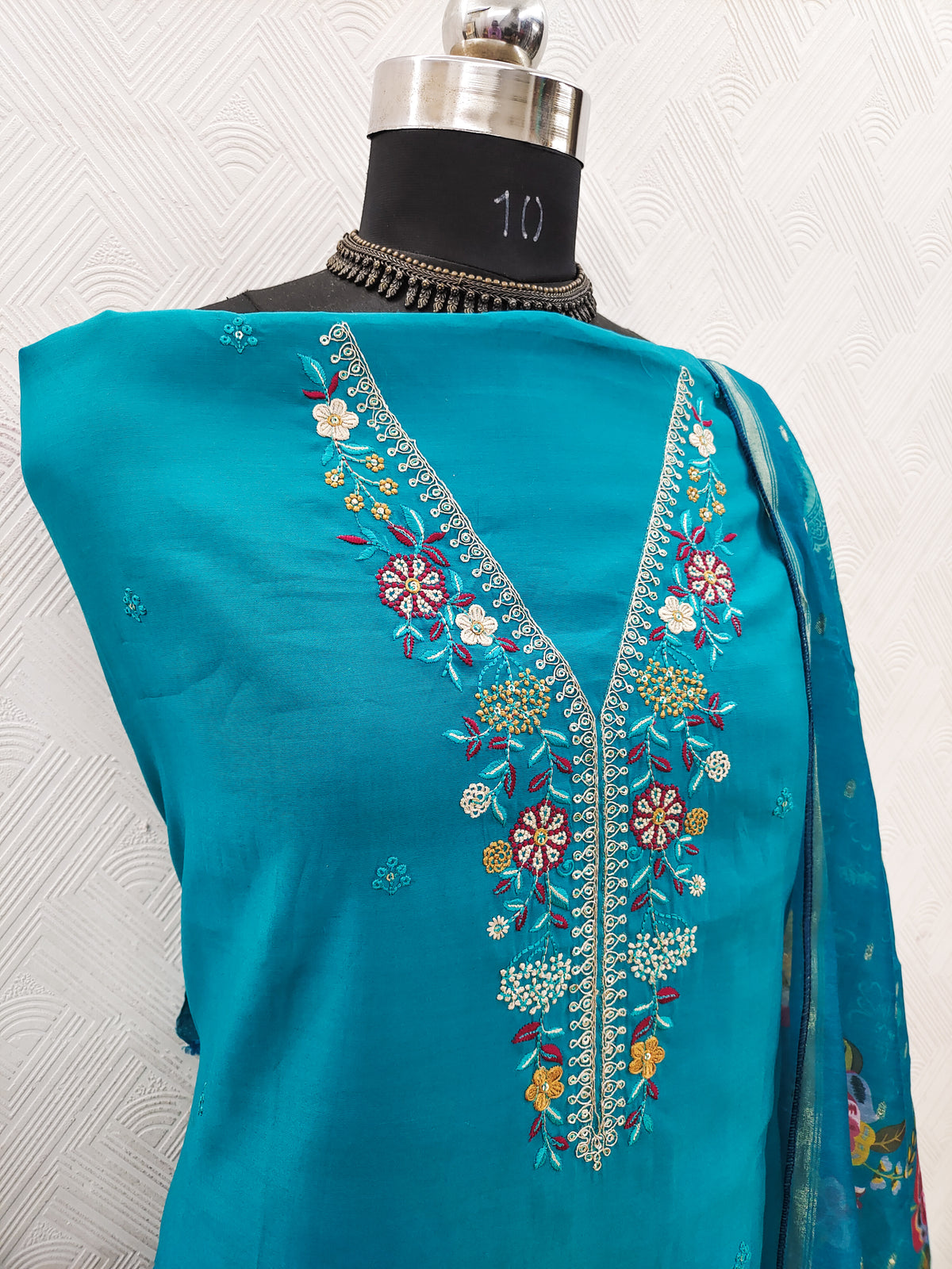 Peachmode Turquoise Floral Embroidered Chanderi Silk Dress Material - Image 4