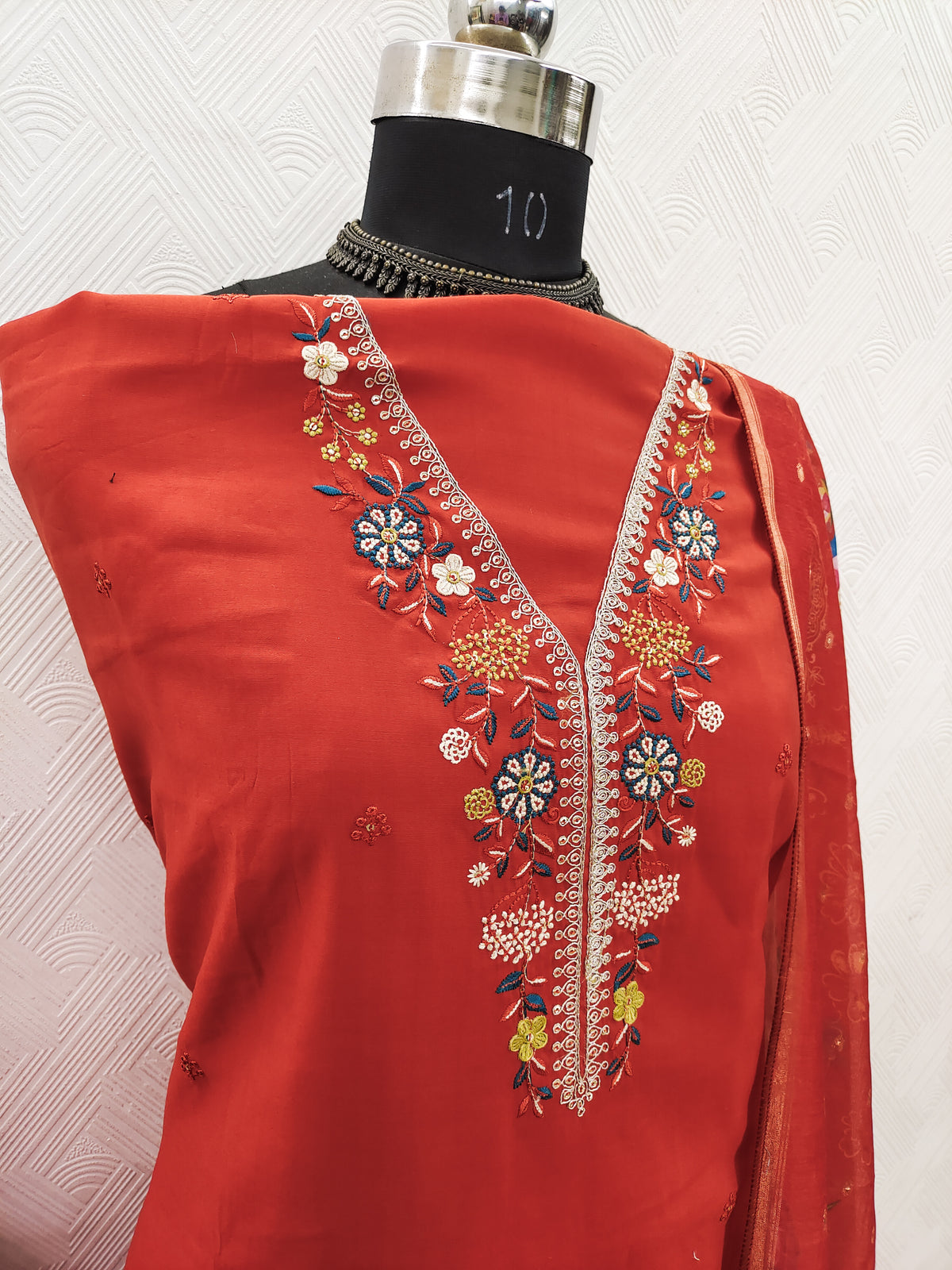 Peachmode Rust Floral Embroidered Chanderi Silk Dress Material - Image 4