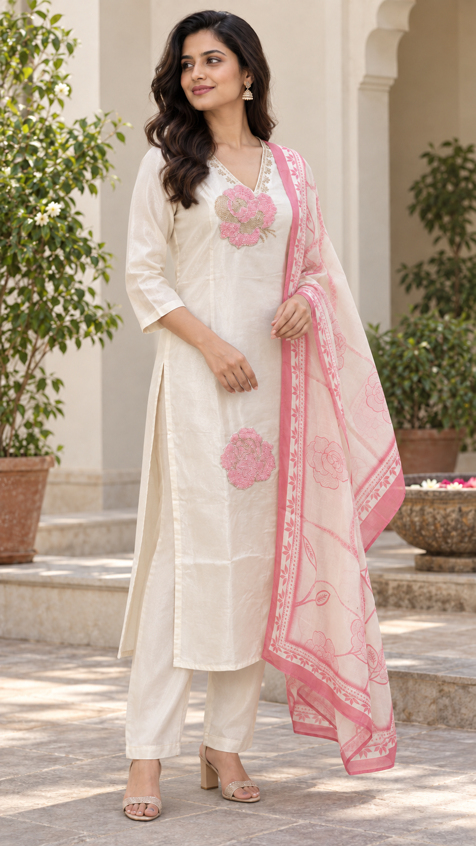 Peachmode Cream Chanderi Silk Floral Embroidered Salwar Suit - Image 3