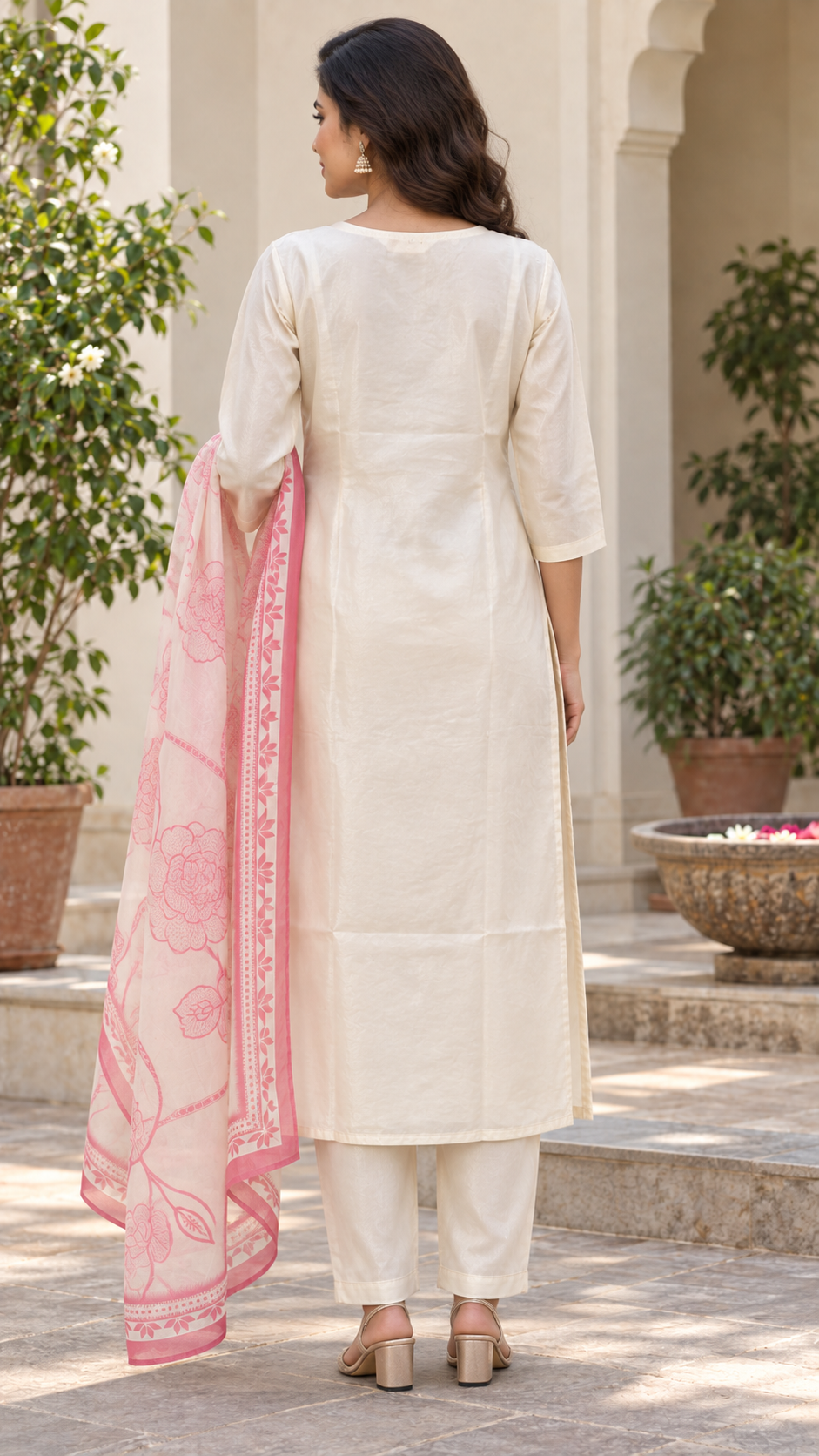 Peachmode Cream Chanderi Silk Floral Embroidered Salwar Suit - Image 4