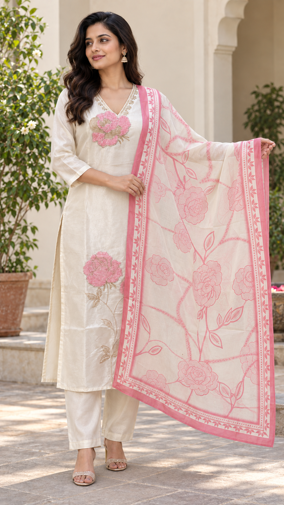 Peachmode Cream Chanderi Silk Floral Embroidered Salwar Suit - Image 5