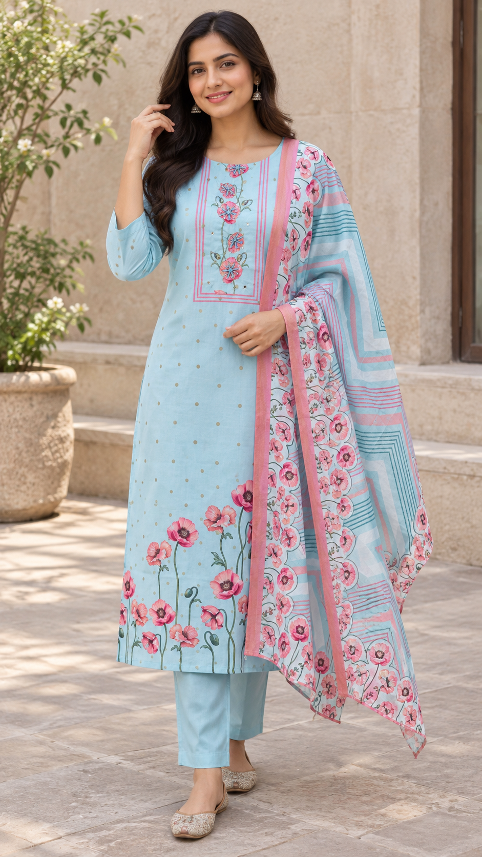 Peachmode Sky Blue Viscose Blend Floral Embroidered Salwar Suit - Image 1