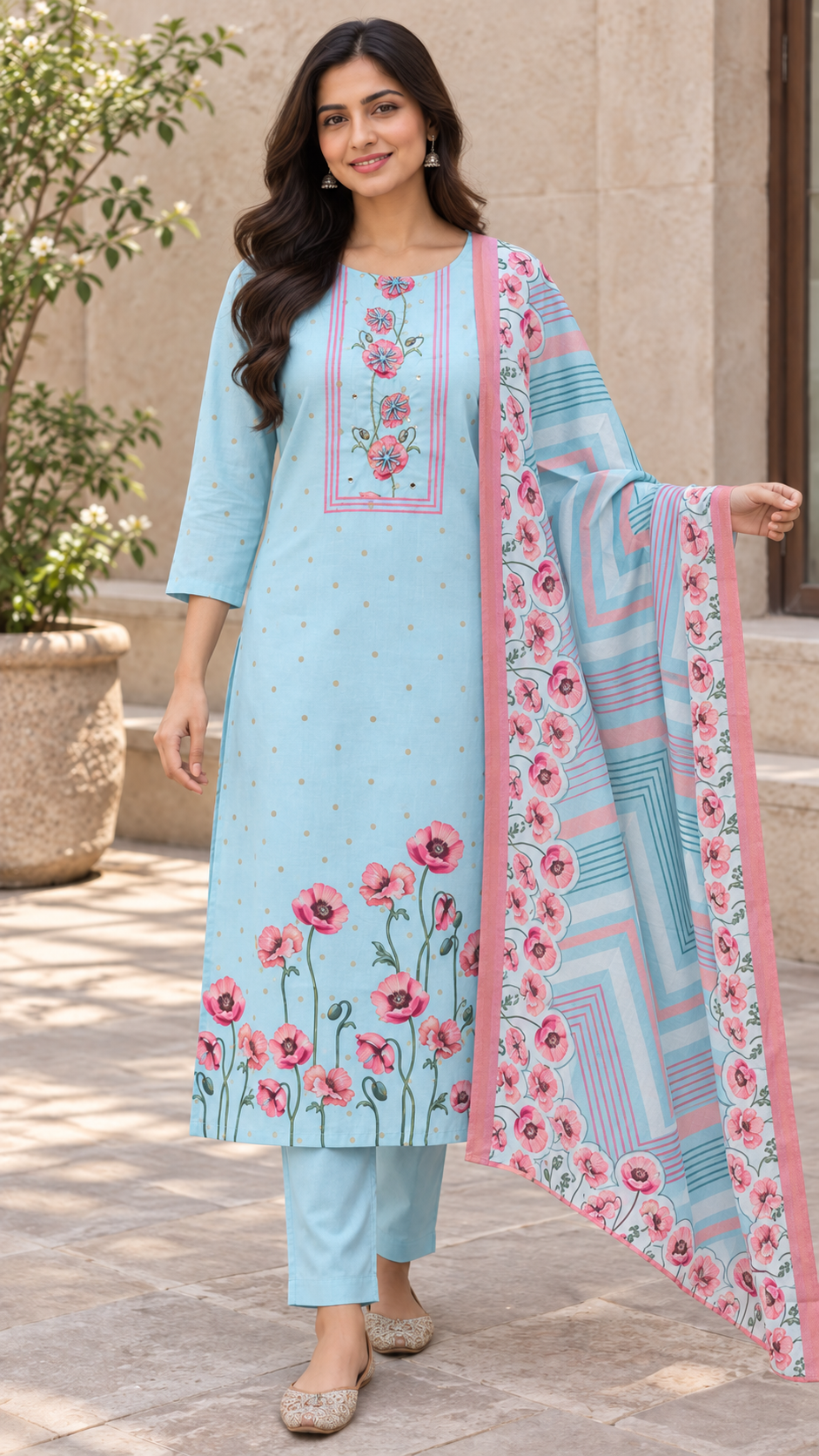 Peachmode Sky Blue Viscose Blend Floral Embroidered Salwar Suit - Image 2