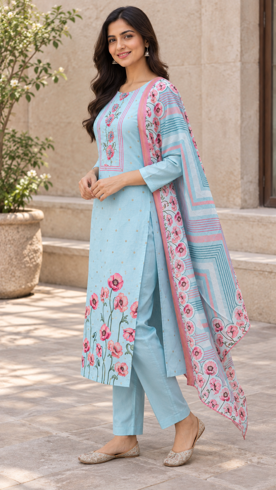Peachmode Sky Blue Viscose Blend Floral Embroidered Salwar Suit - Image 3