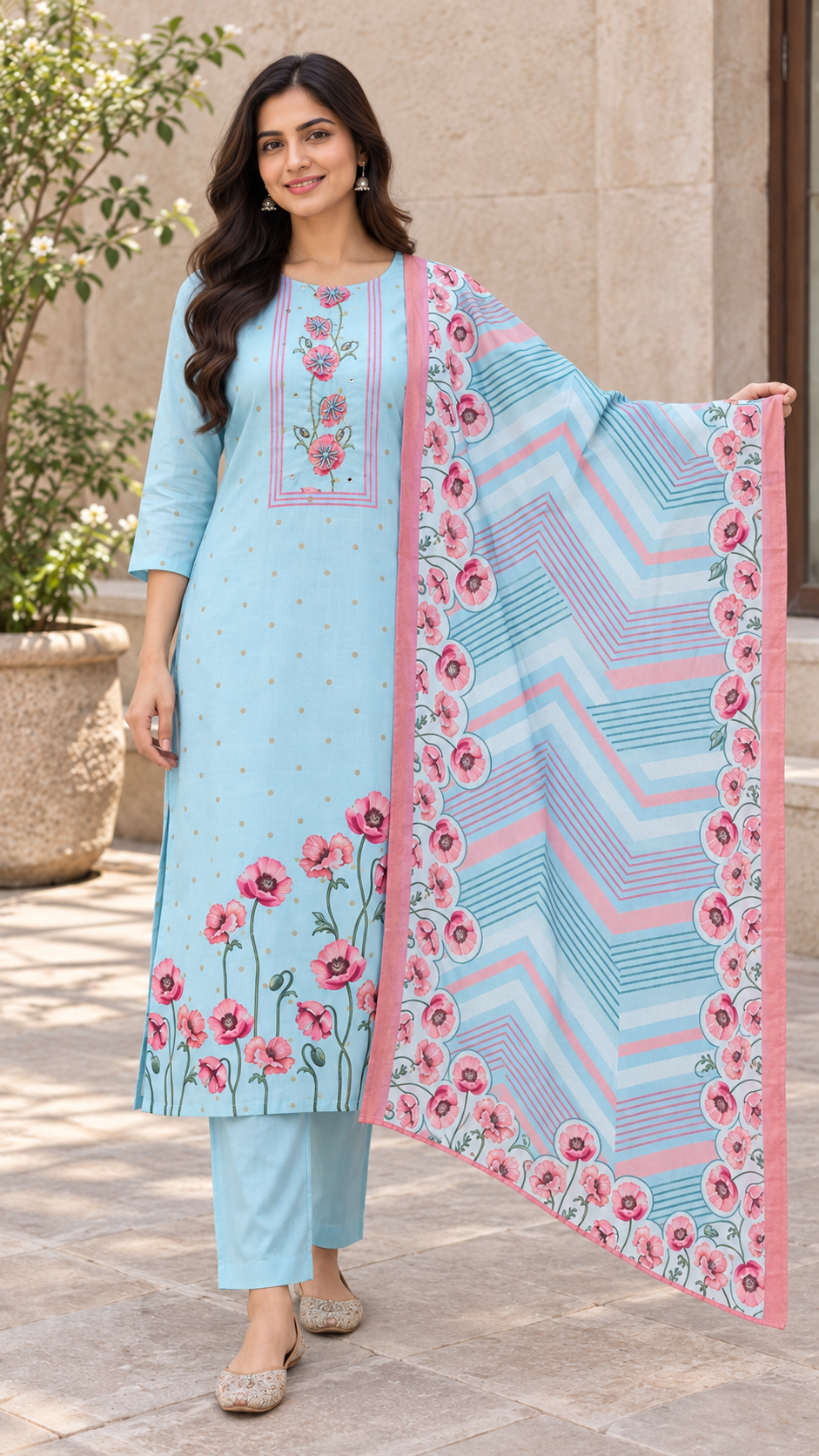 Peachmode Sky Blue Viscose Blend Floral Embroidered Salwar Suit - Image 5