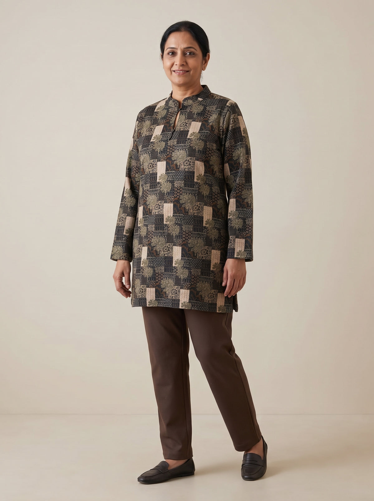 Peachmode Beige Woolen Floral Patchwork Printed Kurti - Image 1