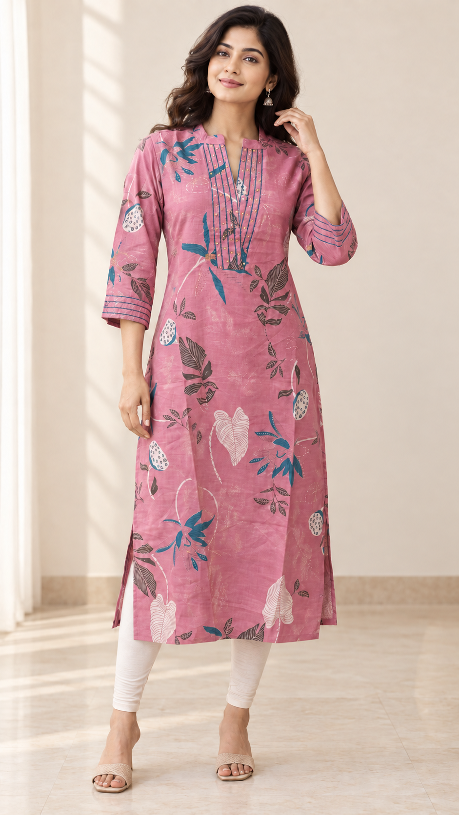 Peachmode Pink Viscose Blend Printed Kurti - Image 1