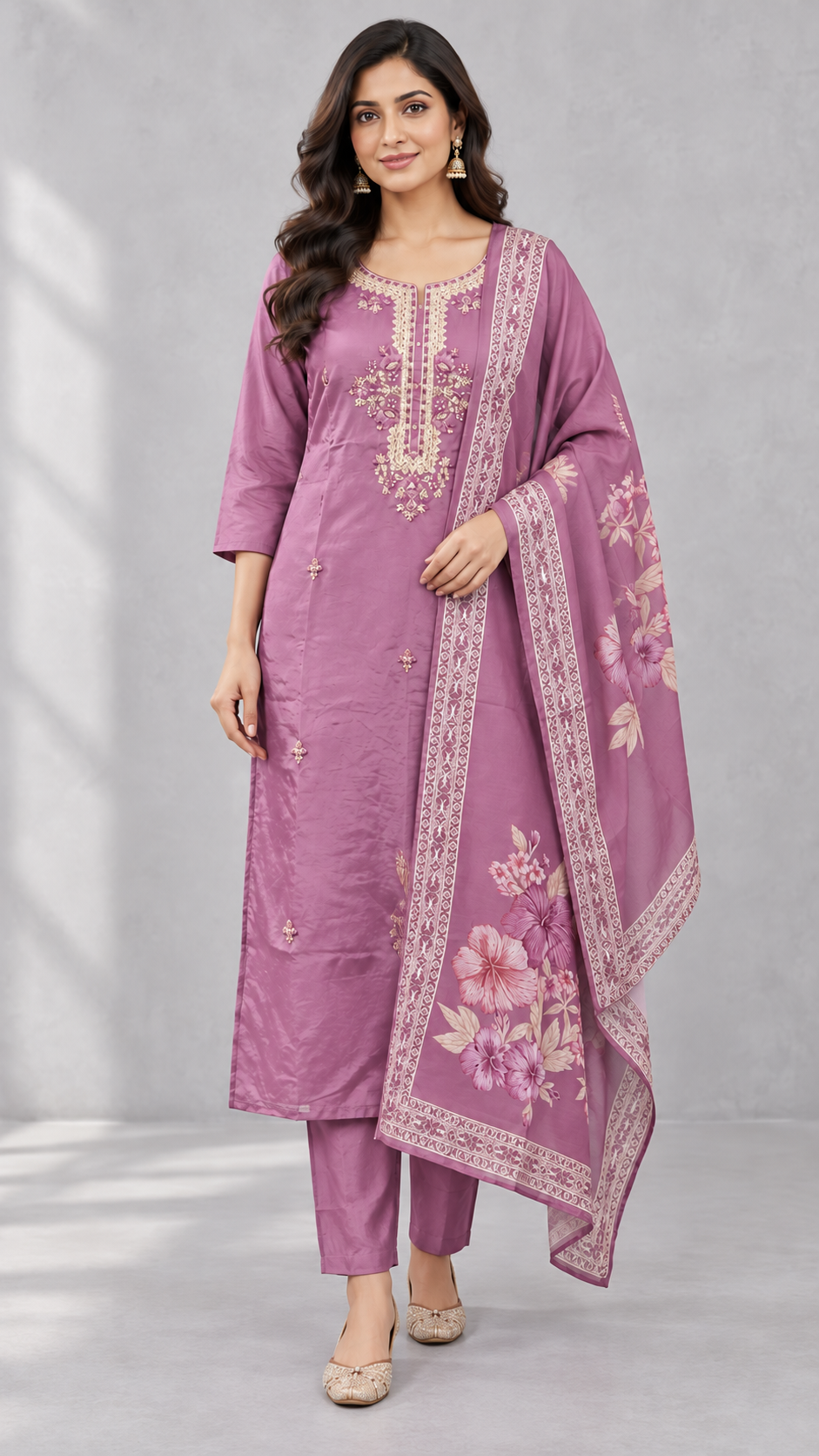 Peachmode Lilac Muslin Embroidered Salwar Suit - Image 2