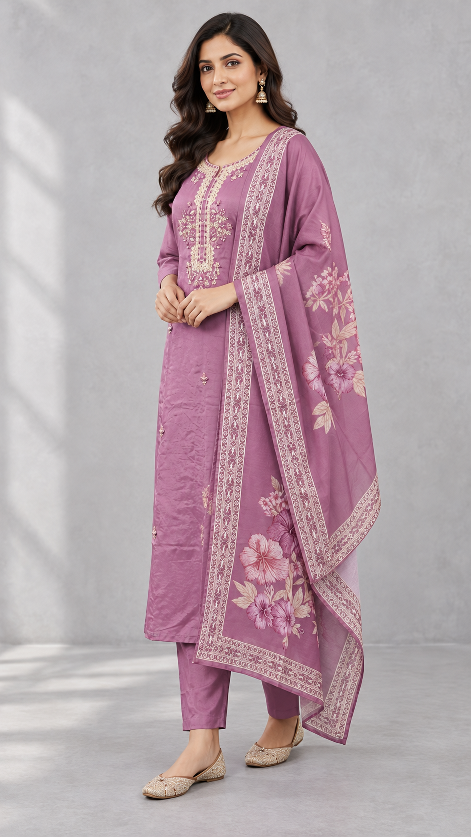 Peachmode Lilac Muslin Embroidered Salwar Suit - Image 3