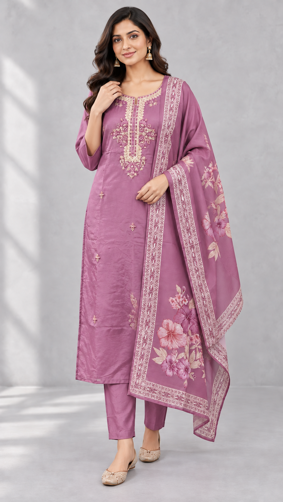 Peachmode Lilac Muslin Embroidered Salwar Suit - Image 5