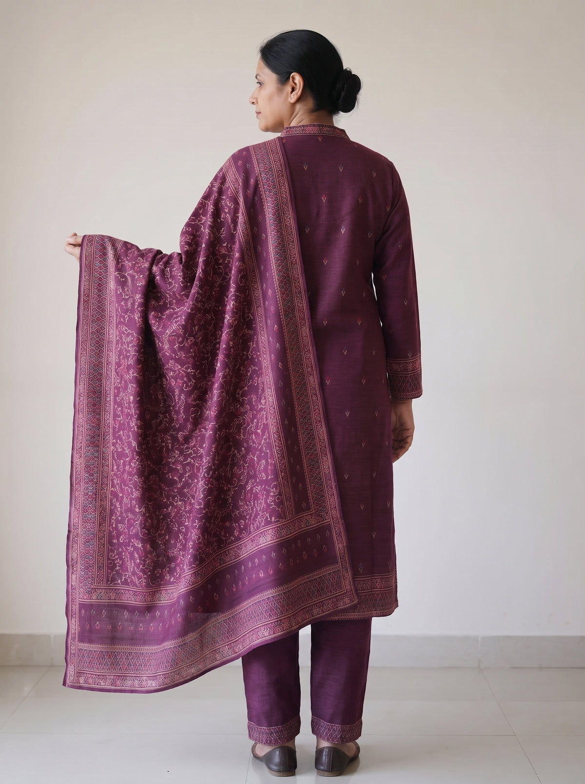 Peachmode Wine Woolen Motif Salwar Suit With Dupatta - Image 4
