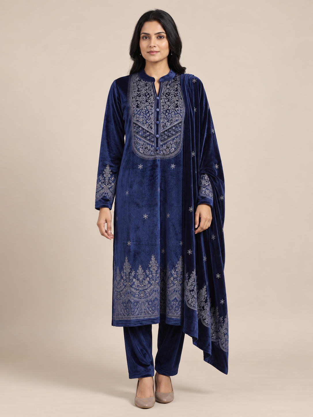 Peachmode Navy Blue Velvet Embroidered Salwar Suit - Image 2