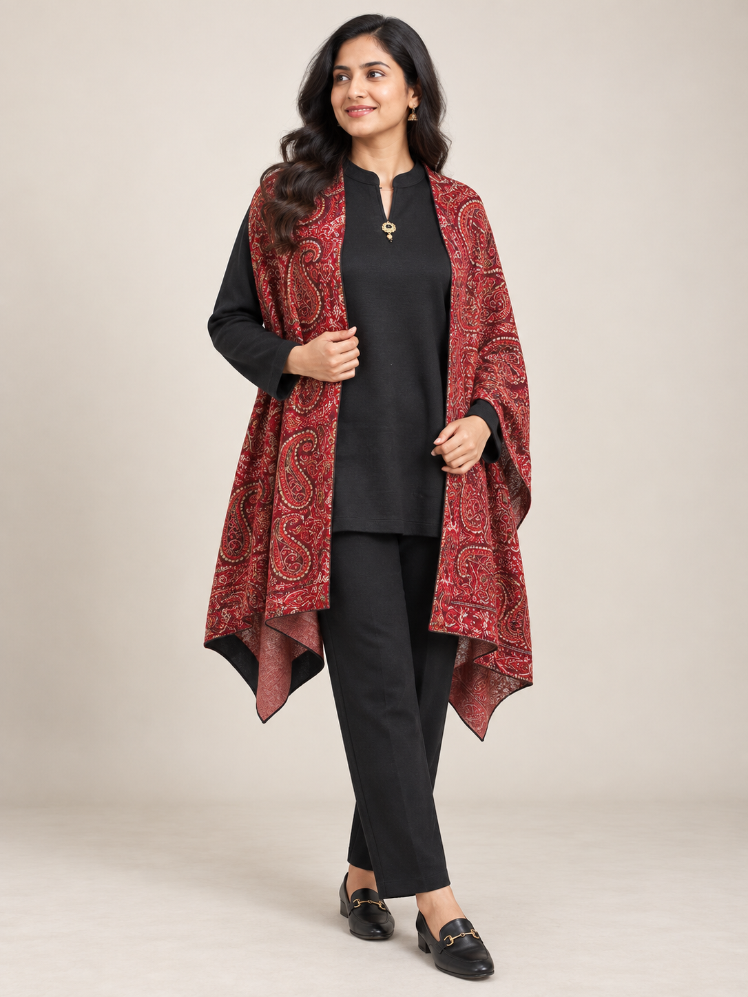 Peachmode Maroon Paisley Woolen Top Bottom Set - Image 1
