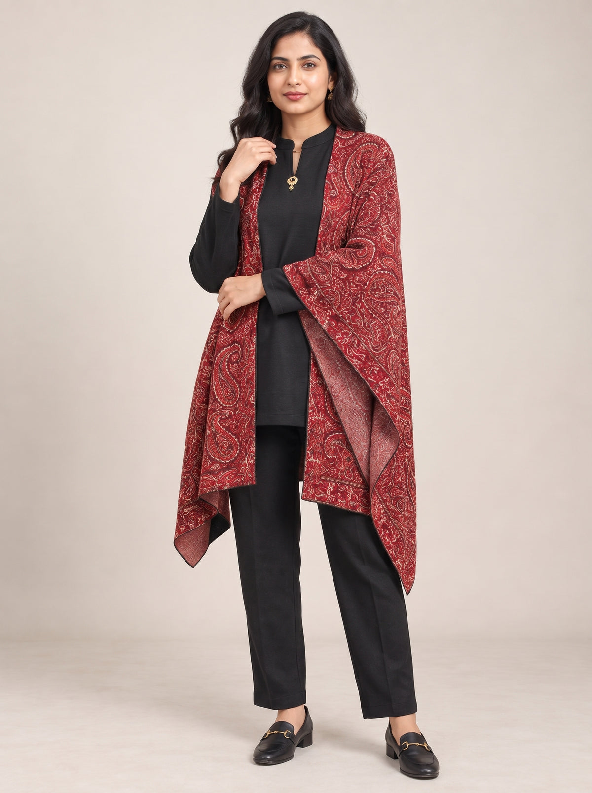 Peachmode Maroon Paisley Woolen Top Bottom Set - Image 5