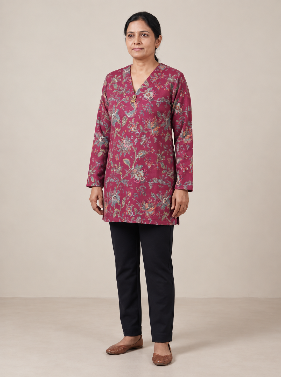 Peachmode DPINK Woolen Floral Printed Kurti - Image 1