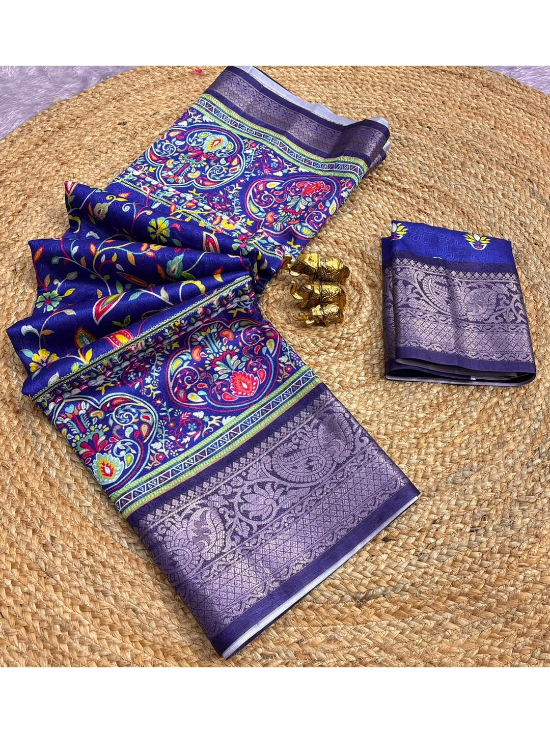 Peachmode Blue Floral Digital Print Dola Silk Saree With Jacquard Border - Image 2