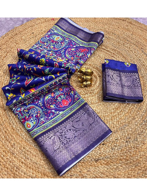 Peachmode Blue Floral Digital Print Dola Silk Saree With Jacquard Border - Image 2