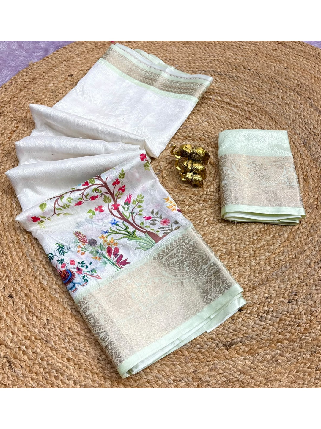 Peachmode White Floral Digital Print Dola Silk Saree With Jacquard Border - Image 5