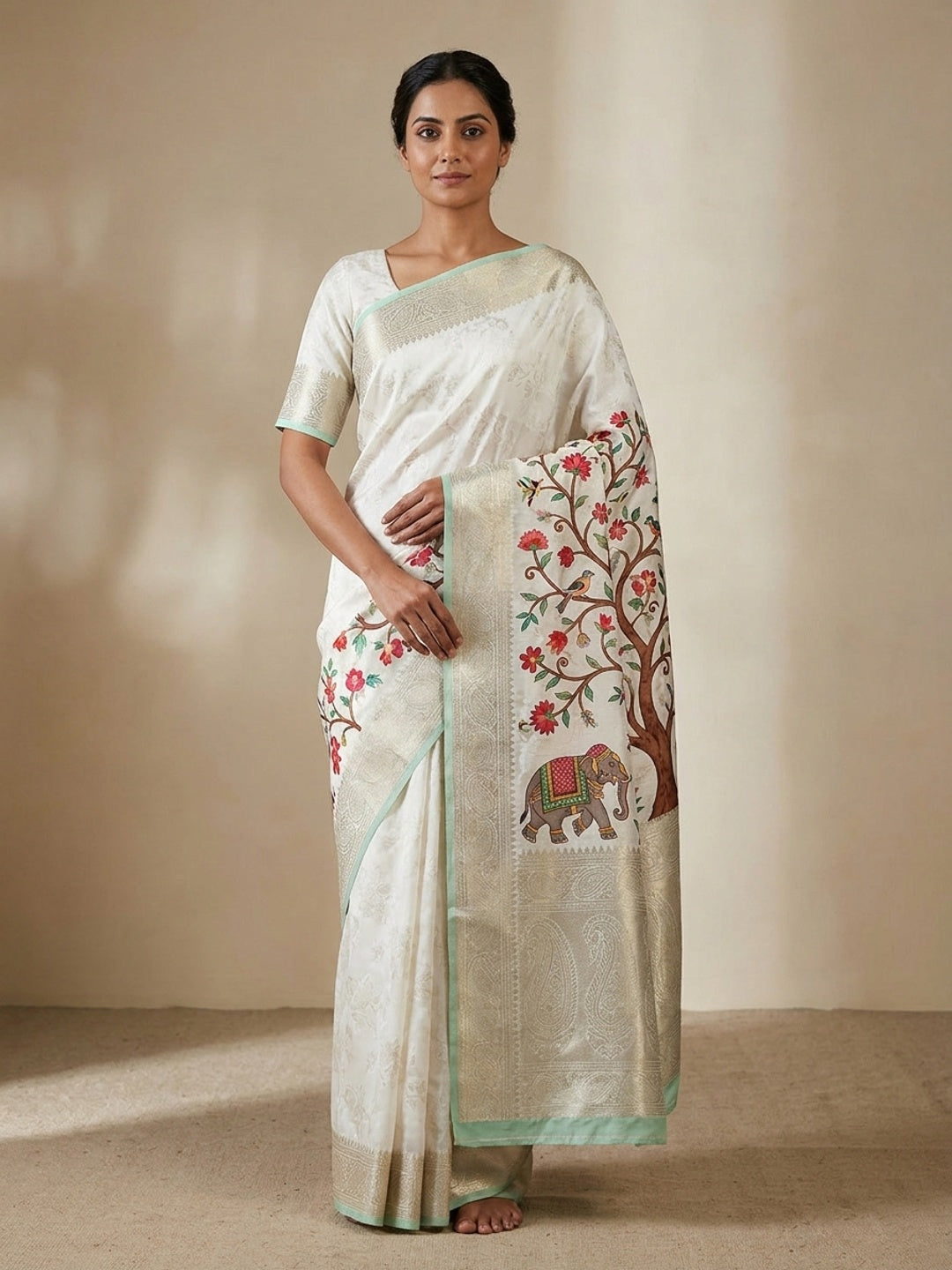 Peachmode White Floral Digital Print Dola Silk Saree With Jacquard Border - Image 1