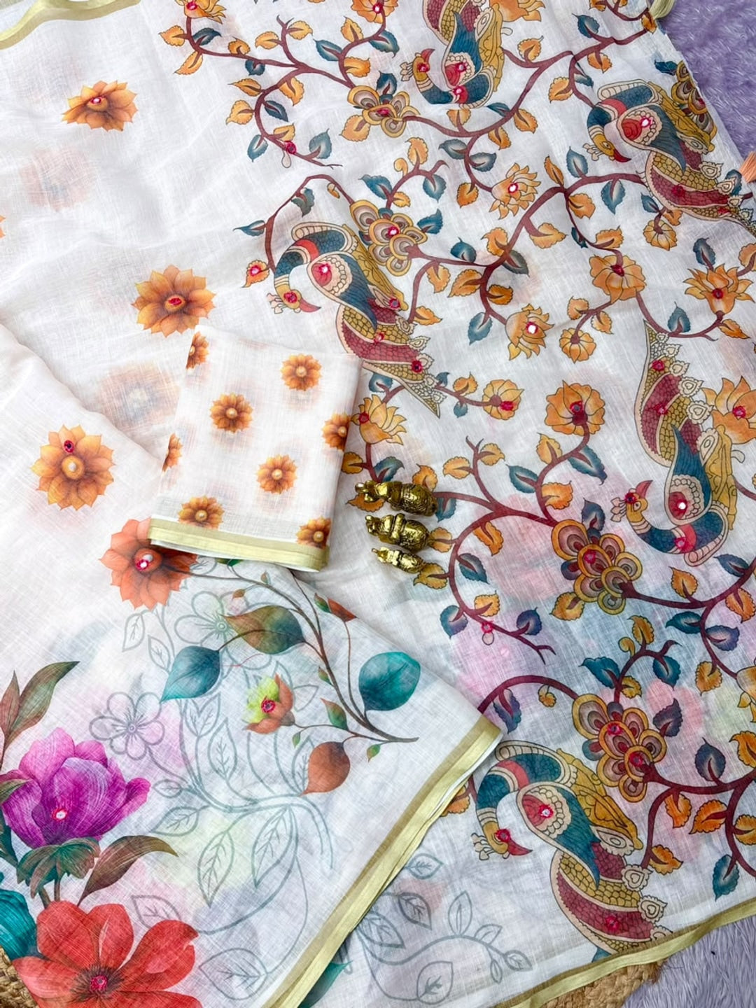 Peachmode White Floral Kalamkari Printed Linen Saree With Mirror Work - Image 2