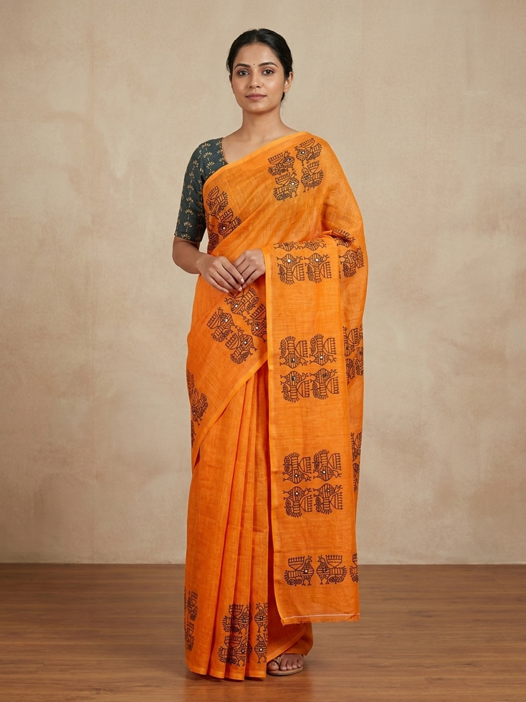 Peachmode Orange Bird Motif Printed Linen Saree With Mirror Work - Image 1
