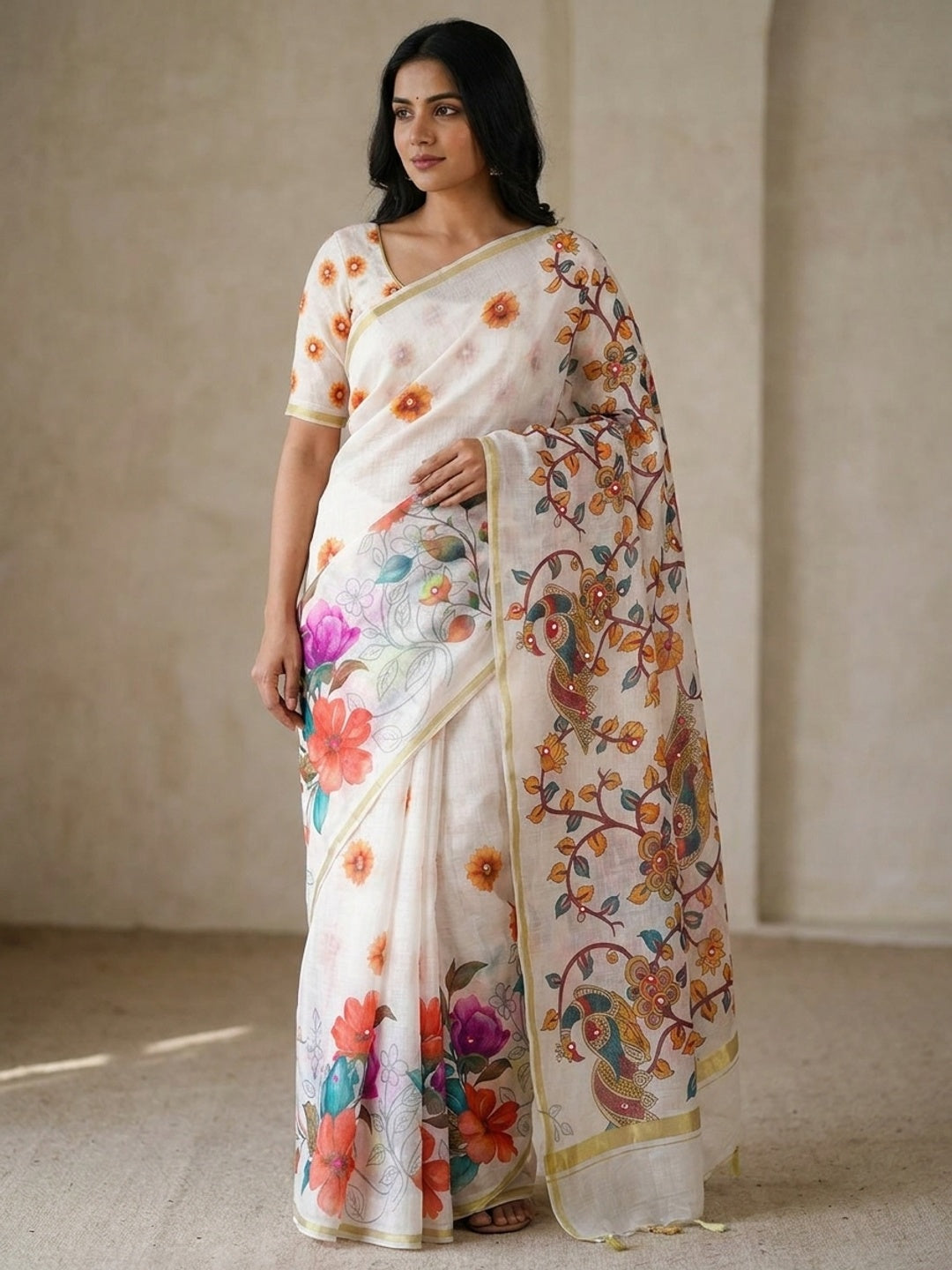 Peachmode White Floral Kalamkari Printed Linen Saree With Mirror Work - Image 1
