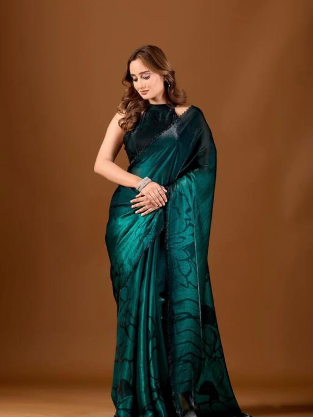 Peachmode Teal Ombre Floral Printed Space Silk Saree With Zarkan Border - Image 1