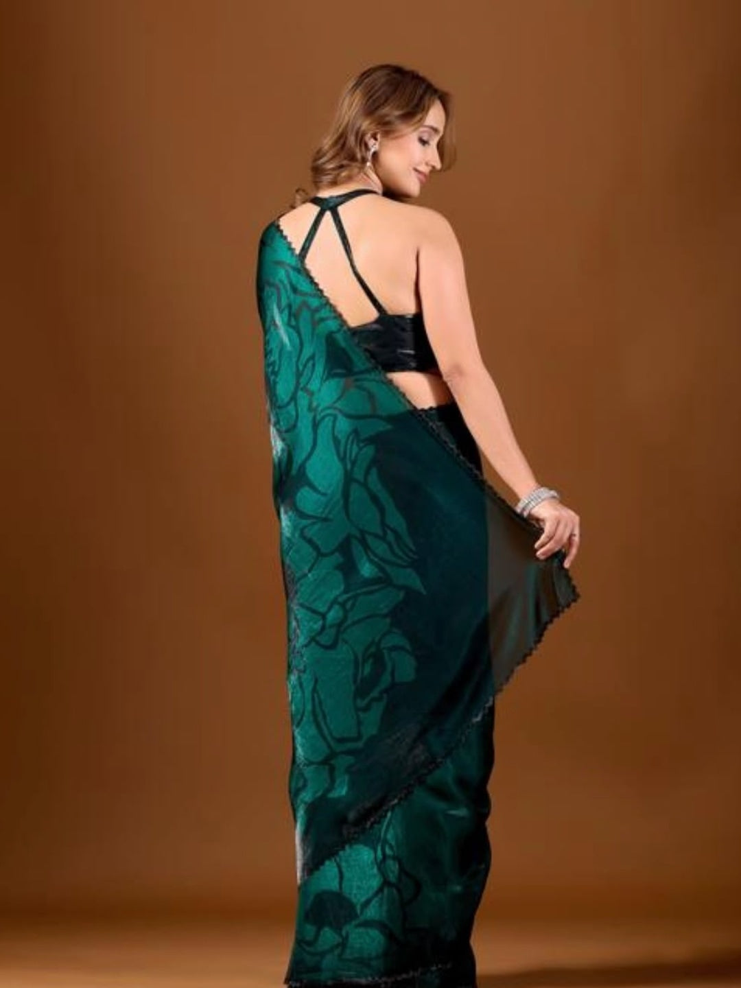 Peachmode Teal Ombre Floral Printed Space Silk Saree With Zarkan Border - Image 3