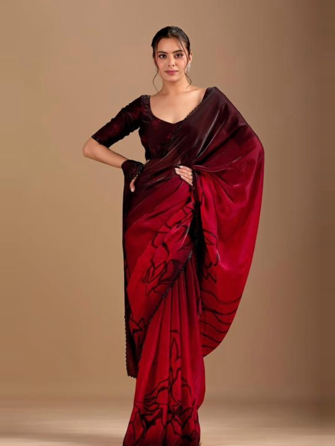 Peachmode Red Ombre Floral Printed Space Silk Saree With Zarkan Border - Image 1