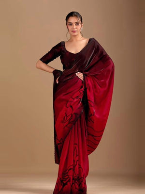 Peachmode Red Ombre Floral Printed Space Silk Saree With Zarkan Border - Image 1