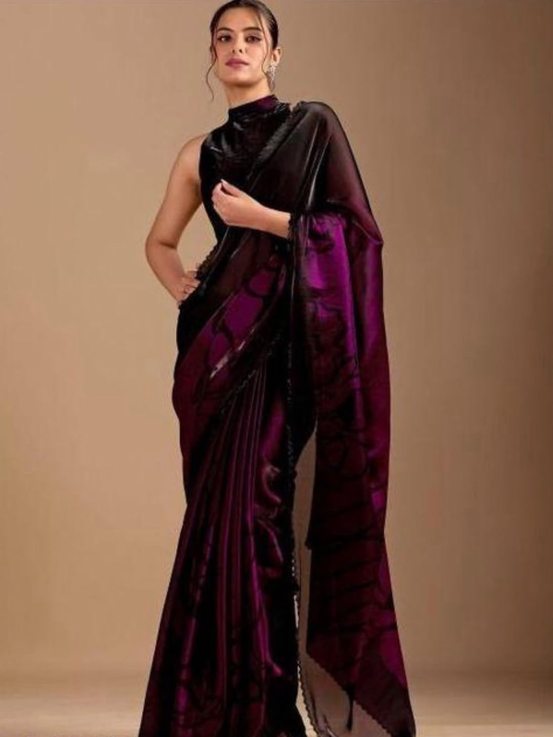 Peachmode Purple Ombre Floral Printed Space Silk Saree With Zarkan Border - Image 1
