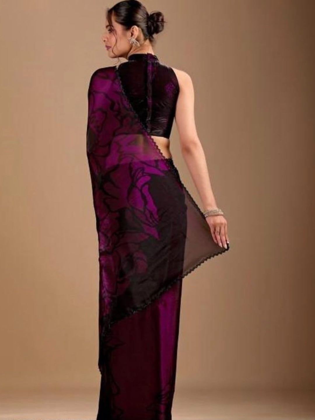 Peachmode Purple Ombre Floral Printed Space Silk Saree With Zarkan Border - Image 3