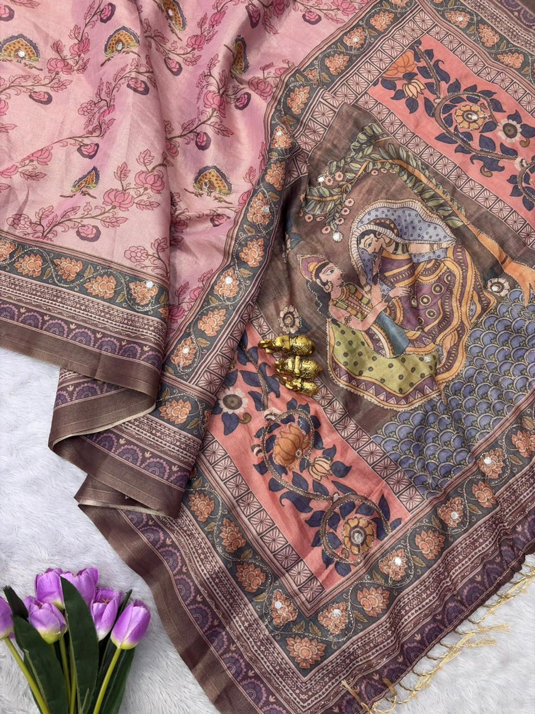Peachmode Pink Floral Kalamkari Printed Erod Silk Saree With Mirror Work - Image 3