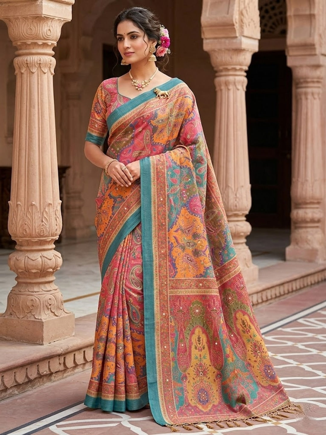 Peachmode Peach Multicolour Paisley Printed Erod Silk Saree With Mirror Work - Image 1